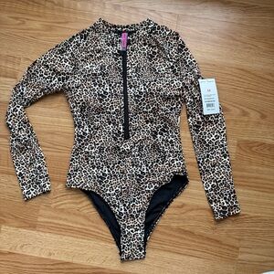 NWT Betsey Johnson Leopard Print Zip Front Long Sleeve Swimsuit Bodysuit Y2K M